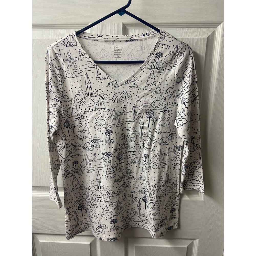 NWT Kim Rogers Perfectly Soft T-Shirt Winter Scene Black and White